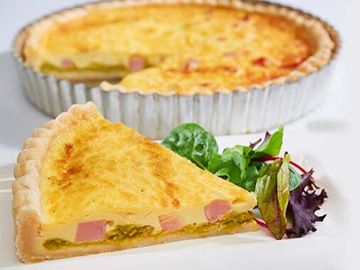 Quiche with Ham, Sweet Peas and Caramelized Onions