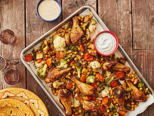 Moroccan-style chicken and vegetables sheet pan