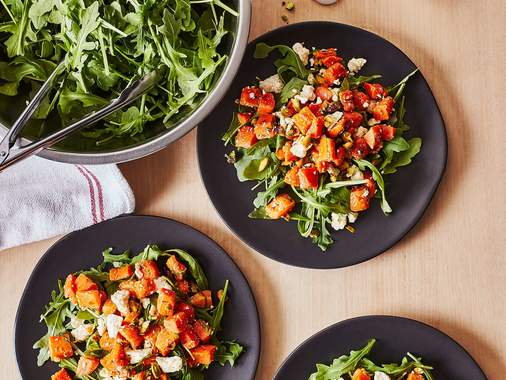 Warm chunky carrots, feta, and pistachio salad