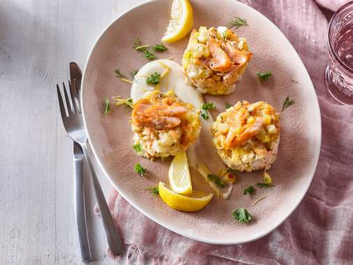 Mini salmon, corn and potato cakes