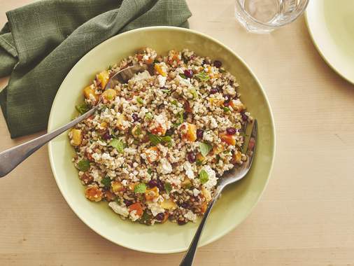 Warm bulgur, squash & feta salad with mint